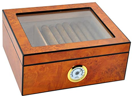 DUCIHBA Cigar Humidor Case, Holds 25-50 Cigars, Tempered Glass Top Display, Handcrafted Spanish Cedar Wood Desktop Cigar Box with Divider, Humidifier, Hygrometer, Burlwood Blond,