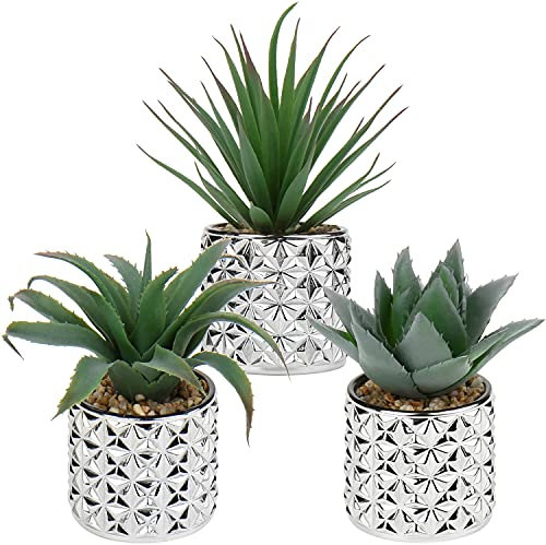 Briful Set of 3 Artificial Succulent Plants Fake Succulents in Galvanized Glass Pot, Decorative Artificial Plants Mini Succulent Plants for Bathroom Shelf Bedroom Decor