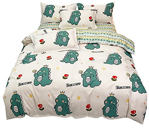 Homewish Kinder Dinosaurier Trösterbezug, Süße Rote Blumen Bettwäsche Set 155x220 Für Mädchen Jungen Teenager, Karikatur Tier Mit Krone Bettbezug Weiche Mikrofaser Wende Bettbezug Schlafzimmer Dekor
