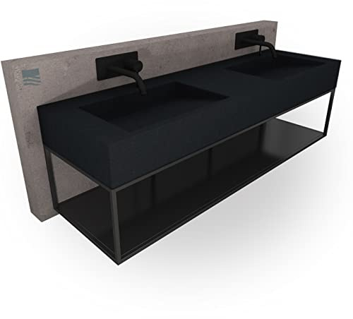Wandbecken TWG16 aus Mineralguss - 153 x 45 x 15 cm - Farbe wählbar - Edelstahl Untergestell Schwarz matt optional, Farbe:Quarz schwarz, Untergestell:Untergestell 150S hängend