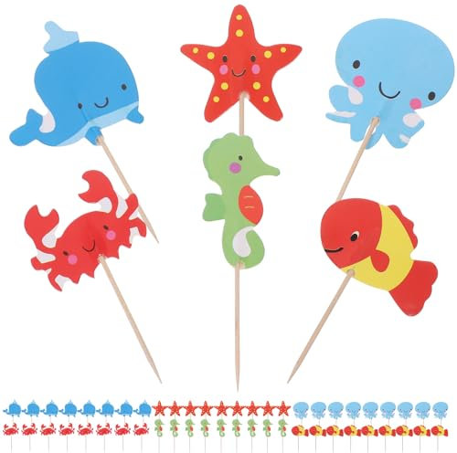 jojofuny 48 StüCk Meerestiere Cupcake Topper, Bunte Tortendeko FüR Unterwasserwelt Kindergeburtstag, Hochzeit, Party