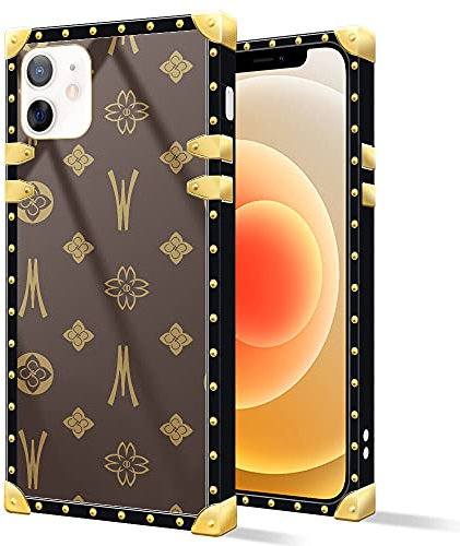 iPhone 12 Pro Max Case, Brown iPhone 12 Pro Max Cases Square Case Luxury Elegant Women Girls Designer Metal Decoration Corner Classic Retro Soft TPU Case for Apple iPhone 12 Pro Max