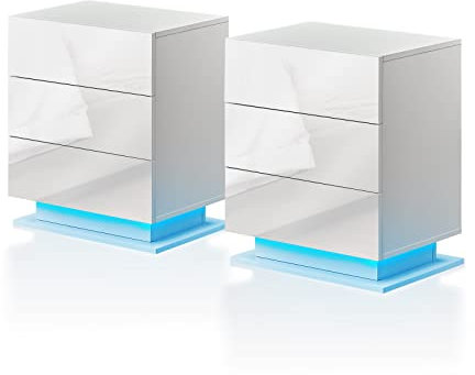 TUKAILAI Nachttisch 2er Set mit LED, Beistelltisch Weiß, Nachtschrank mit 3 Schublade, Nachtkasten modern für Wohnzimmer und Schlafzimmer