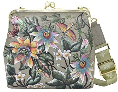 Anuschka Women's Frame Crossbody Tasche aus Echtleder, handbemalt, mittlere Größe mit Rahmen - Floral Passion