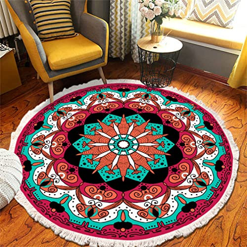 Tomifine Mandala Rund Teppich Quasten, Böhmen Handgewebte Baumwolle Teppiche für Schlafzimmer Wohnzimmer Hausdekor (90 cm,Grün Rot)