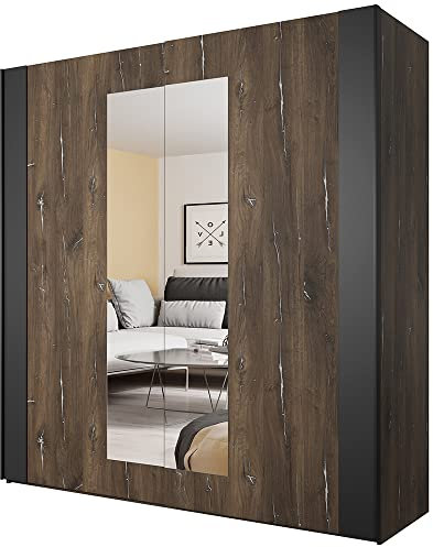 Lomadox Kleiderschrank mit Schließdämpfung in Flagstaf Eiche dunkel Nb. mit silbernen Applikationen/schwarz, B/H/T: ca. 200/213/64 cm