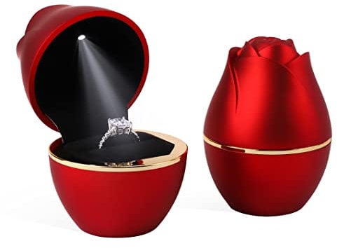 Rolin Roly Red Ring Box with LED Light Rose Jewelry Ring Case Jewellry Display Gift Boxes for Proposal Wedding Ring Box Ceremony Engagement Proposal Anniversary
