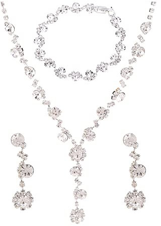 Kristall Schmuckset für Damen Strass Braut Halskette Ohrringe Armband Set Silber Brautschmuck Set Hochzeit Schmuck Set Floral Kette mit Anhänger Geschenke für Frauen