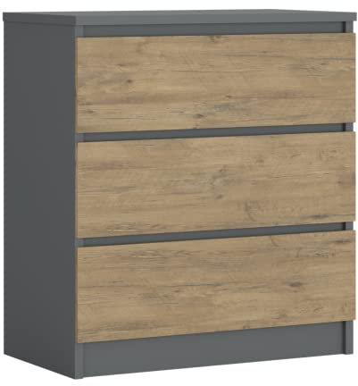 3E 3xE living.com Komodenschrank mit 3 Schubladen, Farbe: ANTHRAZIT/Eiche Lancelot, A: 70 x 78 x 39 cm