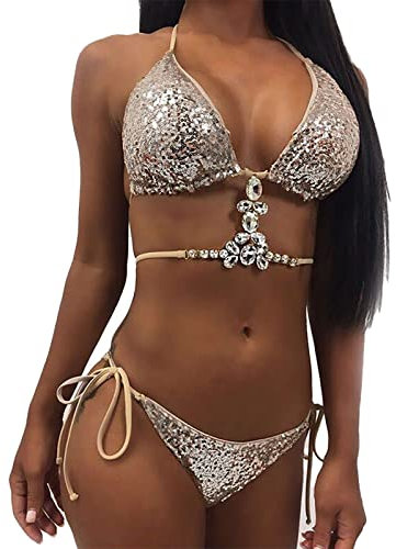Modische Pailletten für Frauen mit Split Träger, Bikini Junior, gold, XL