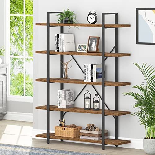 HSH 5 Regale Rustikales Braun Bücherregale Metall, Holz für Aufbewahrung, Bücherregal, Vintage, großes Bücherregal für Schlafzimmer, Wohnzimmer, Büro, offenes