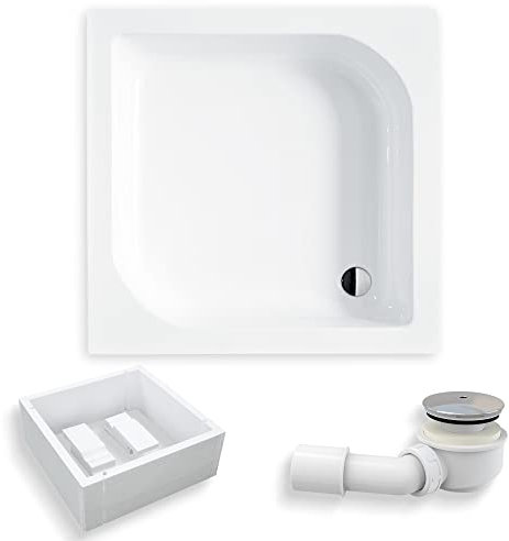 BADLAND Duschwanne 90x90 Ares Weiß Acryl Duschtasse Quadratisch mit Wannenträger; Ablaufgarnitur Ø 50 mm und Füße im SET