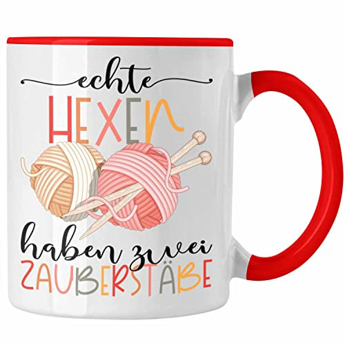 Trendation - Stricken Tasse Geschenk Häckeln Echte Hexen Haben 2 Zauberstäbe Geschenk Oma (Rot)