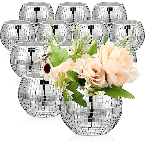 Jinei 12 Pcs Disco Vases Bulk Silver Mirror Disco Ball Flower Glass Ball Planter Candle Holder Glass Vase for Wedding Table Centerpieces Bedroom Office Birthday Decoration (3 X 4)