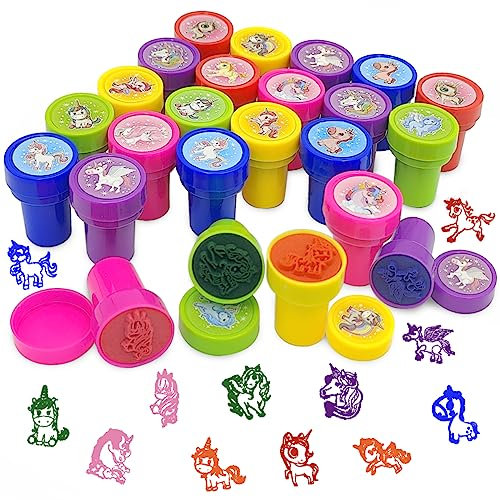 LGZIN 24 Stück Einhorn Stempel Kinder, Stempelset Tiere Selbstfärbende, Briefmarken Kinder, Einhorn Mitgebsel, Kinderstempel, Einhorn Stampers, Spielzeugstempel, Einhorn Geschenke für Mädchen