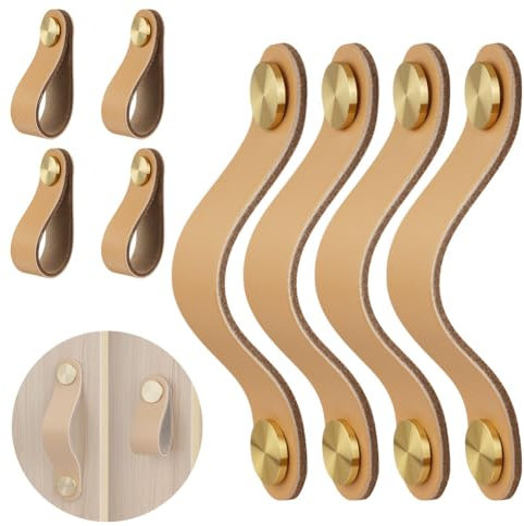 flintronic Poignée Meuble Cuir, 4Pcs Poignée de Porte en Cuir, Espacement des trous 128mm Laiton Bouton Porte Placard Cuir Bouton de Tiroir pour Armoires, Commode, Cuisine, Salle de Bain