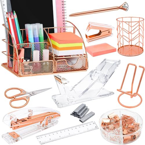 FERXIDI Rose Gold Desk Organizers and Accessories,Office Supplies for Desk,13PS Set with Acrylic Stapler,Tape Dispenser,Staple Remover,Pen Holder,Clips,Scissor, Phone Holder,Pen