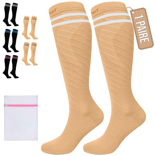360 Relief Chaussettes de contention Classe 1 Femme et Homme - 15-20 mmHg Bas de Contention pour Voyage Avion, Running, Circulation, Sports - Chaussettes de Compression S/M Beige avec sac de lavage