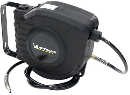 MICHELIN Avvolgitubo Automatico, Tubo in PVC da 9 Metri dotato di raccordo universale, diametro esterno 12mm e diametro interno 8mm, Supporto a muro Girevole a 180°, 2 Viti di Montaggio Incluse