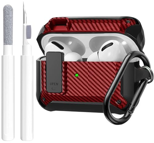 OTOPO for Airpods Pro 2/1 Case Cover with Lock Clip (2019/2022/2023), Rugged Case for Airpod Pro 2nd/1st Generation Shockproof Protective Skin with Keychian&Cleaning Kit for Apple iPod Pro, CF Red