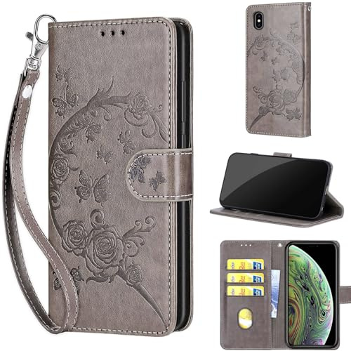 KENHONER Phone Case for iPhone X/XS, Flowers and Butterflies - Grey | Shockproof Flip Wallet, Card Slots, Kickstand, PU Leather, Wrist Strap Lanyard