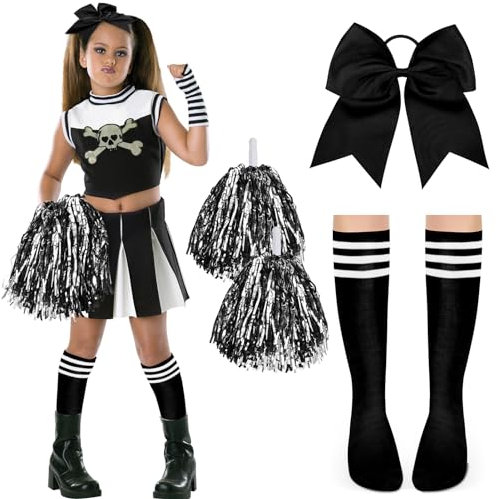 DPKOW Damen Cheerleader Kostüm Zubehör, Mädchen Cheerleader Kostüm Karneval Damen Mädchen Football Kostüm Zubehör Cheerleader Pompons Schwarz Schleifen Haargummis Strümpfe Damen Halloween Zubehör