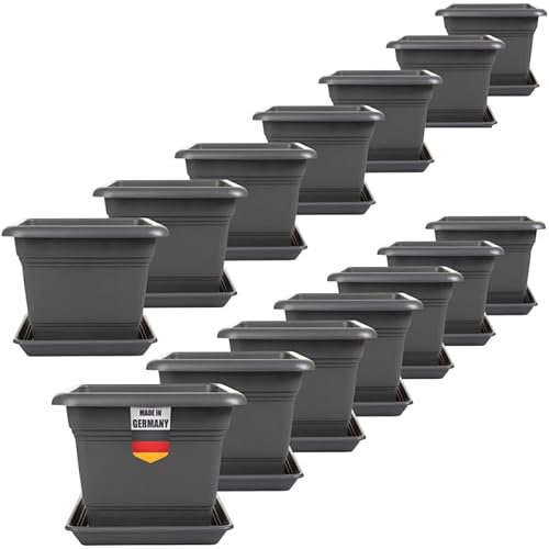 2friends Lot de 14 pots à tomates avec soucoupe - 28 x 28 cm - Anthracite - Carré - Pour tomates et fleurs - Avec système de drainage - Pour balcon et jardin