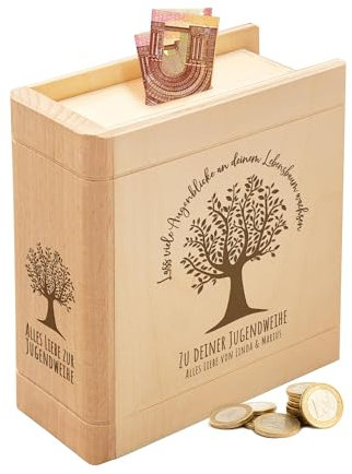 Casa Vivente Spardose mit Gravur zur Jugendweihe, Sparbuch aus Holz, Große Sparbox, Personalisierte Spardosen, Sparbüchse, Geldgeschenk, Geschenke zur Jugendweihe, Jugendfeier Geschenk, Money Box