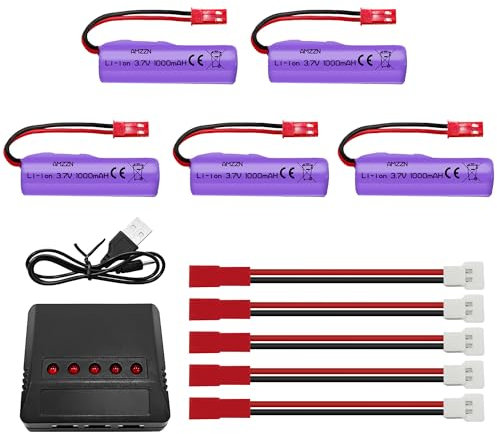 AMZZN 5 Stück 3,7V 1000mAh Lipo Akku JST-2P Stecker mit 5-in-1 Ladegerät für Huina 1337 1338 1516 1517 Fernbedienung Fahrzeugtechnik