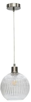 Ribbed Glass Globe Ceiling Light Pendant with Satin Nickel and Clear Cable, Height Adjustable 23-130cm, Kitchen Island Dining Lighting