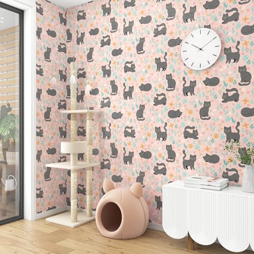 Mangoloo Pink/Grey Cat Wallpaper Peel and Stick Floral Wallpaper for Bedroom Pet Room Walls Cute Animal Wall Paper 17.5x102 Removable Self Adhesive Contact Paper for Cabinets and Drawers Shelves