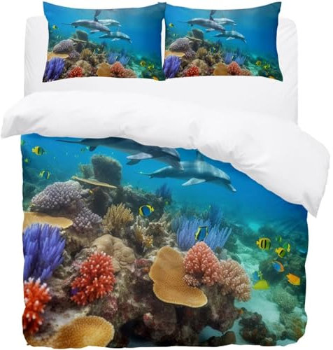 Luoweisi Underwater Delfin-Bettwäsche-Set mit Reißverschluss, bedrucktes Bettwäsche-Set, weiche Mikrofaser, Tagesdecke für Erwachsene, Damen, Herren, King-Size-Größe