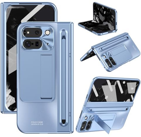 Coque pour Google Pixel 9 Pro Fold - Protection des Charnières et de la Caméra, Protection d'Écran Intégrée, Support Tout-en-Un, Emplacement pour Stylet, Matériau PC Résistant aux Empreintes, Bleu