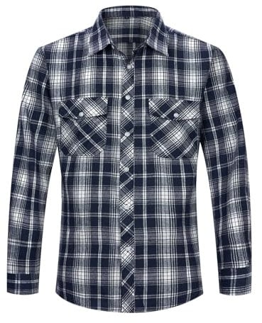 Wirltte Mens Shirts Long Sleeve Casual Flannel Checked Plaid Regular Fit Button Down Shirt with Pockets Navy XXL