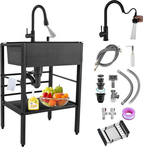 Errtsdb Lavello da Cucina per Ristorante Commerciale, Lavello in Acciaio Inox Professionale con Staffa per Garage, Ristorante, Cucina, Lavanderia(100x45x86cm/Rubinetto Alza/Estraibile)