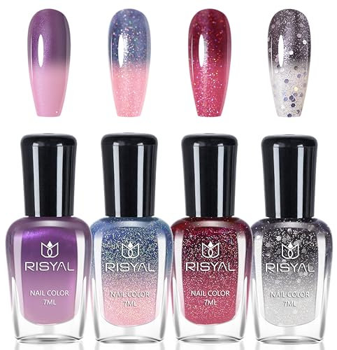 Set di smalti che cambiano colore – 4 colori controllati dalla temperatura con glitter – rosso, nero, rosa, viola – smalto per unghie per nail art, nessun UV (colorato A)