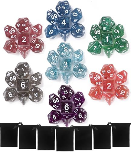 TIDEVAN Polyedrische Würfel,49 Stück Polyedrische Würfel Set Polyedrische RPG Würfel Würfel Tischspiele mit 7 Schwarze Kordelzugbeutel für DND MPG MTG Dungeons D20 D12 D10 D8 D6 D4(Glänzend)