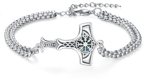 MEDWISE Thors Hammer Armband S925 Sterling Silber Wikinger Keltisches Mjölnir Armband 7+2 Zoll Edelstahl Anhänger Verstellbar Wikinger Geschenk Schmuck für Damen Unisex Herren Weihnachts Geschenk
