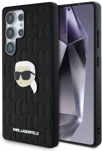 CG MOBILE Karl Lagerfeld Leder Monogramm Pin Logo Karl Head Hülle für Samsung Galaxy S25 Ultra (Schwarz)