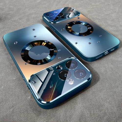 PYYLTTP Luxury Glass Camera Lens Magnetic Wireless Charging Case For iPhone 11 12 13 14 15 16 Pro Max Plus Shockproof Cover,Blue,For iphone 14