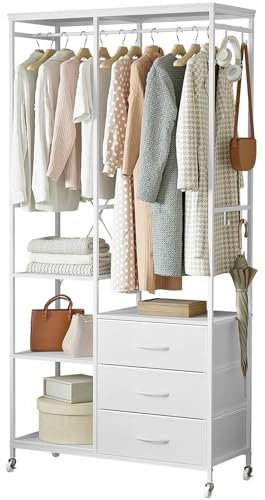 Mintnook Kleiderständer, Offener Kleiderschrank, Kleiderständer auf Rollen, Kleiderstange, Fahrbarer Kleiderständer mit Schubladen, Haken, Rollen & Verstellbare Regale, Weiß