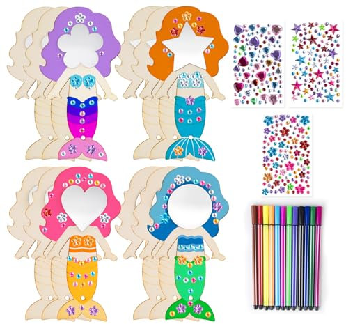 12 Stück Kindergeburtstag Basteln, Holzspiegel zum Bemalen mit 12 Malstifte und 3 Strass Aufkleber für DIY Kinder Malen Smooth Edged Creative Painted Mirrors für Mädchen Bastelset Party-Mitgebsel