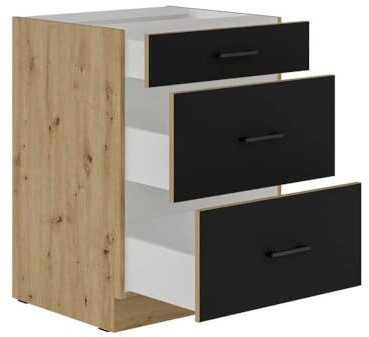 CUISINIER Meuble Bas casserolier - Modena - 60 cm - 3 tiroirs - Chene Artisan et Noir Mat