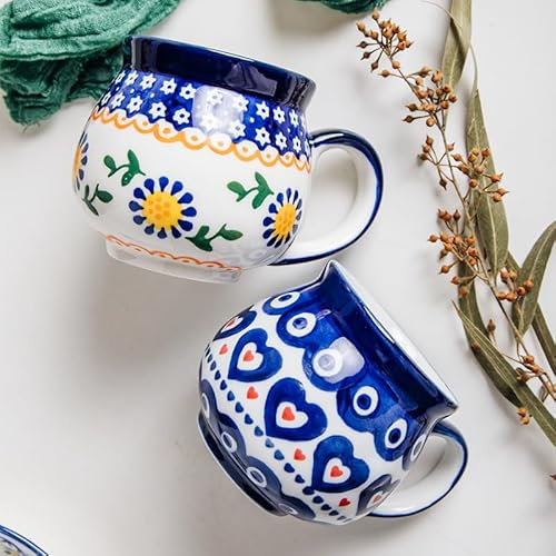 Personalized big Belly Cup,Hand-Painted Polish Pottery Coffee Mugs, 14 oz, Blue and White Floral Hearts Design, Set of 2