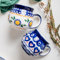 Personalized big Belly Cup，Hand-Painted Polish Pottery Coffee Mugs, 14 oz, Blue and White Floral Hearts Design, Set of 2