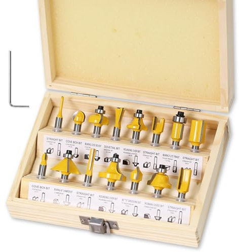 Kadryxon 15-Piece Router Bit Set for Routers, Wood Milling Bits for 6.35 mm Shank, Woodworking Tools with Storage Case, Industrial Quality Wood Cutter for Hard and Soft