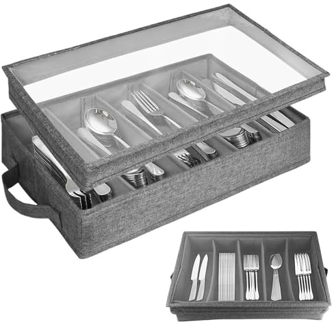 AXVRAV Besteckkasten mit Deckel Abnehmbarem & 5 Verstellbaren Fächern, 42,5 x 29 x 8cm Wasserabweisendem Staubdichte Besteckbox, Besteck Organizer, Aufbewahrungsbox für Utensilien Messer Gabel Löffel