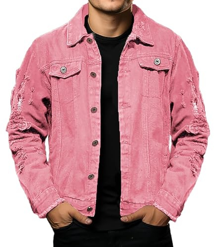 Giacca di Denim distrutta Uomo - Maniche Lunghe a Bottoni Jean Coat, alla Moda Casual Slim Fit, Trucker Biker Jackets(1A-Pink, XXXL)