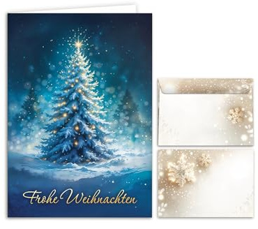 Weihnachtskarte mit Umschlag – Klappkarte DIN A6 „Frohe Weihnachten“ mit Weihnachtsbaum Motiv Tannenbaum blau – Hochwertige Weihnachtsgrußkarte