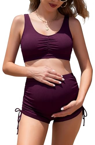 SHEKINI Women's Maternity Loose Swimsuit Two-Piece Set with Sports Top and Adjustable Shorts(M, Purple)